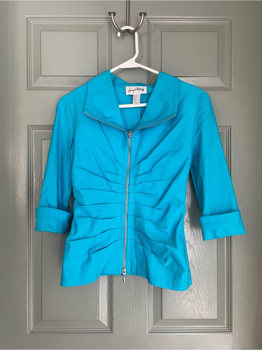 Vintage Joseph Ribkoff Turquoise Zip-Front Pleated Womens Jacket Top Blazer Sz 6